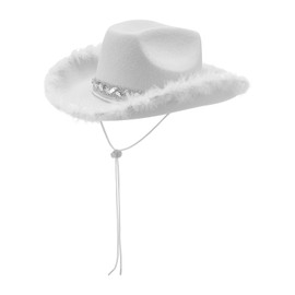 Western Cowgirl Cowboy Hat 3-Piece Set Feather-Trim Sequin Tassel Bandana Heart Sunglasses Rave Party Costume Hat (White, 3Pcs Set)