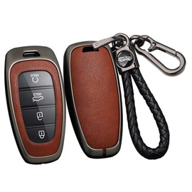 ontto Alloy Car Key fob Cover Fit for Hyundai Solaris Sonata Hybrid Nexo NX4 New Grand Santa Fe Tucson 2021 2022 2023 Leather Key case Shell Key Holder Keyring Keychain Accessories Black-Brown
