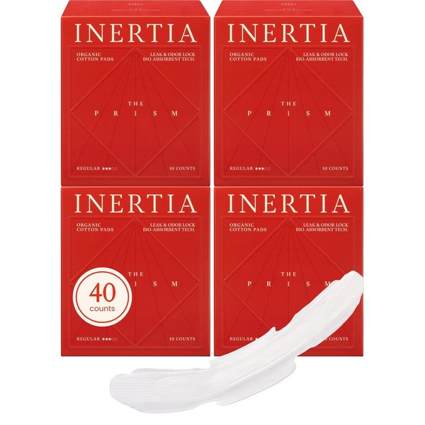 INERTIA Organic Pads for Women Regular Absorbency (40 Count) - The Most Organic Pads with The Best Absorbency, NO Petroleum-Based microplastic, Chlorine, Fragrance or Deodorant. (Pack of 4)