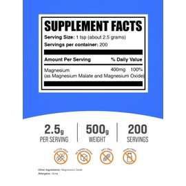 BulkSupplements.com Magnesium Malate Powder - Magnesium Supplements, High Bioavailabilty - Unflavored & Gluten Free, 2.5g per Serving, 500g (1.1 lbs) (Pack of 1)