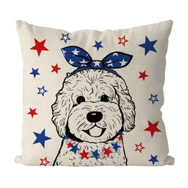 QIONG MENG 4th of July Pillow Covers 18x18 Inch Golden Doodle Patriotic Throw Pillowcase Independence Memorial Day Dog Cushion Case for Home Sofa Farmhouse Decorations