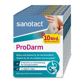 sanotact ProDarm • 10 billion lactic acid cultures + 3 bacterial strains for intestinal restoration • 6 x 20 capsules bacterial cultures as intestinal cleansing treatment • With vitamin B6, B2 + biotin