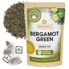 BREWIX, Bergamot Green Tea (25 Pyramid Tea Bags) | Caffeinated Tea Loose Leaf Earl Grey Green Tea With Pure Bergamot | High Elevation Grown