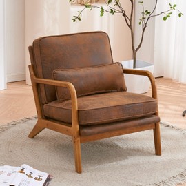 TehRecBT Mid-Century Modern Accent Chair with Throw Pillow, Upholstered Fabric Armchair Oak Wood Frame Reading Chair for Living Room,Bedroom,Reading,Balcony (Brown)