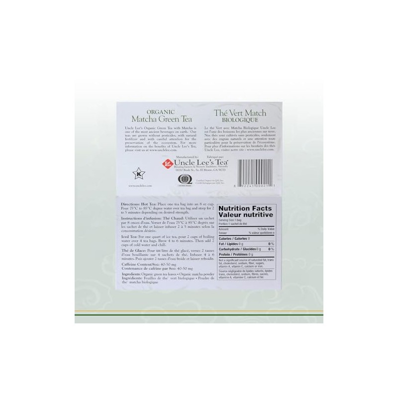 Uncle Lee's Organic Matcha Green Tea Bags - Energizing &
