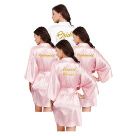 ALHAVONE Bride Bridesmaid Robes Set Satin Bridal Robe for Wedding Day Bridal Party Robes Women Short Silky Robe One Size (Pink, Set of 4)