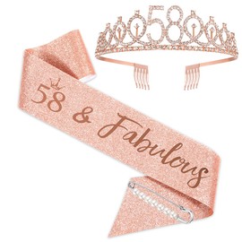 BRT Bearingshui 58th Birthday Sash and Tiara for Woman, Rose Gold Birthday Sash Crown 58 Fabulous Sash and Tiara for Woman, 58th Birthday Gifts for Happy 58th Birthday Party Favor Supplies