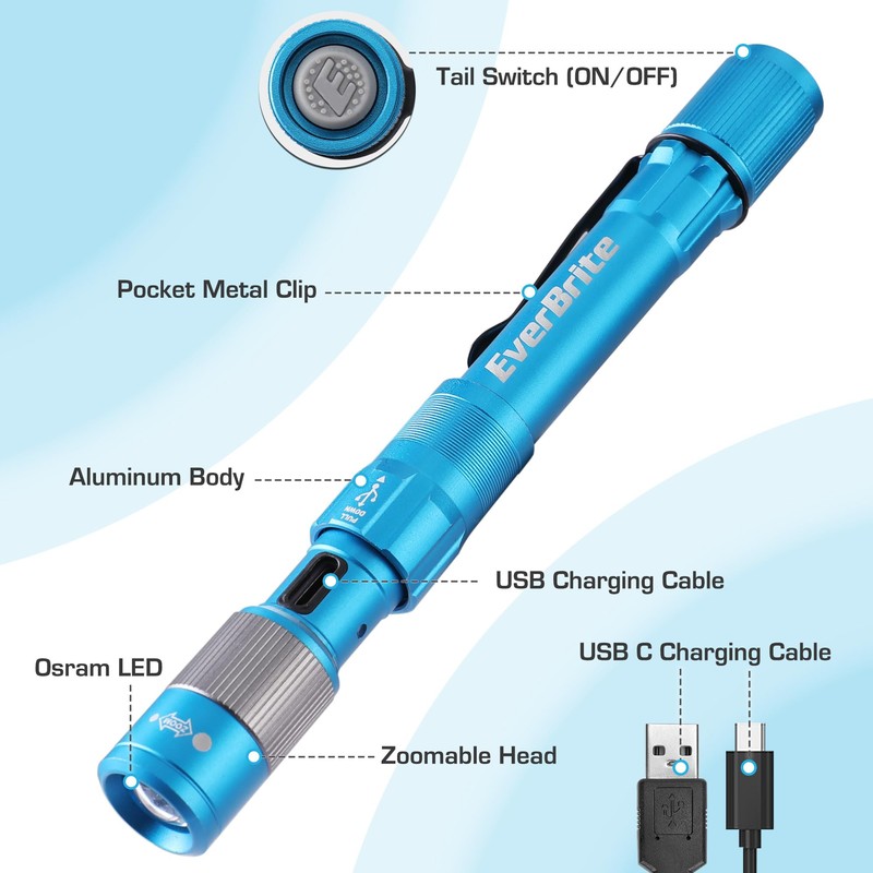 EverBrite Pen Light, Rechargeable Pen Flashlights, 300 Lumens Zoomable LED