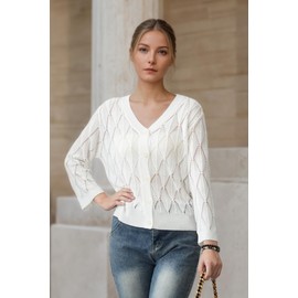 Women's 2025 Crochet Sweater Cardigan 3/4 Sleeve Lightweight Summer Knit Sweater | Open Front Boho Shrug Top | Beach Cover-Up & Office Wear | Machine Washable 21-White-XL