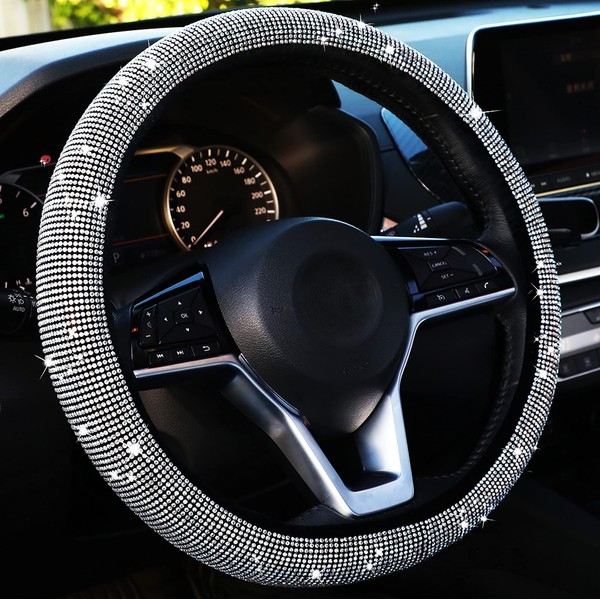 Frienda Bling Steering Wheel Cover Women Crystal Diamond Car Wheel Protector for Vehicle, Car, Auto, SUV and More, 15 Inch (Silver)