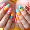 LWTZLW Summer Press on Nails Medium Almond False Nails Pineapple Full Cover Glue ons Nails Oval Acrylic Fake Nail Colorful Fruit Glossy Artificial Nail Reusable for Women