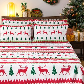 BYSURE Christmas Reindeers and Trees Pattern Bed Sheets 6 Pieces Set (King Size, Christmas Reindeers), Microfiber 15 inch Deep Pocket Bedding, Christmas Decoration Indoor