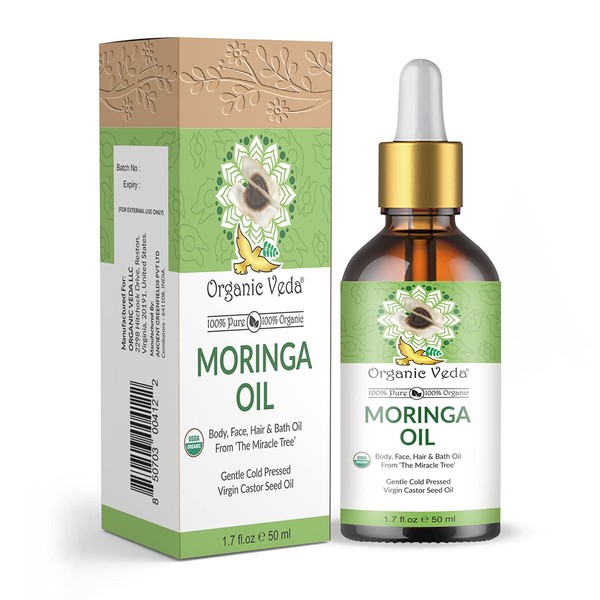 Organic Veda Moringa Oil – USDA Organic Cold-Pressed Edible Grade Virgin Oil Made with Organic Premium Moringa Seed Kernels for Face, Skin, Hair, Nails, Foot, and Body – 1.7 fl. oz