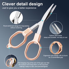 2 Pcs Folding Stainless Steel Portable Mini Small Travel Scissors, Safety Foldable Pocket Badge Nursing Scissors with 2 Keychain for Travel, Home, Office, Craft, Sewing (Rose Gold)