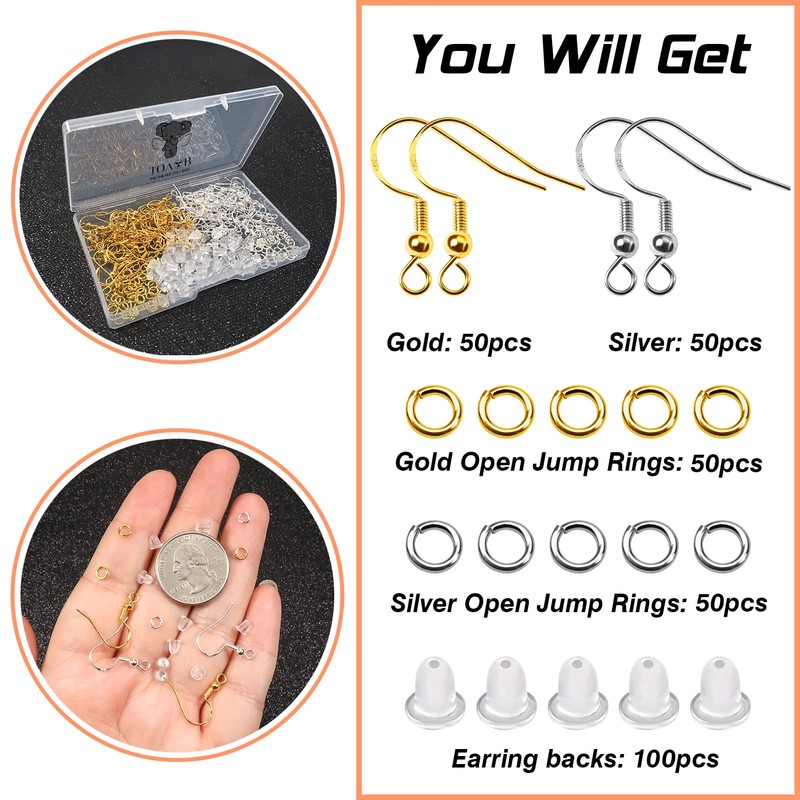 TOAOB 300pcs Earring Hooks Silver Plated Kit Silver and Gold