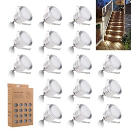JUABREY Recessed LED Deck Light Kits 16 Pack, IP67 Waterproof Outdoor Landscape In-ground Lighting, 12V Low Voltage Deck Lighting for Garden,Yard,Patio,Step,Stair,Floor Decoration.