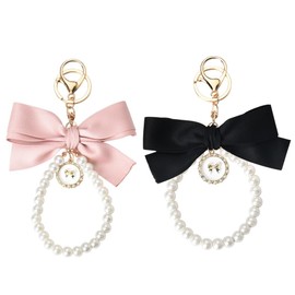 Black Wristlet Keychain for Car Keys Wristlet Keychain for Girls Pearl Keychain Wristlet with Bow Cute Keychain Accessories for Women Pink Keychain Set for Women Girls Keychain Bow