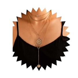 Dervivea Vintage Layered Disc Coin Pendant Necklace Disc Y Lariat Necklace Locket Coin Necklace Chain Gold Coin Y Necklace Punk Figaro Chain Necklace Jewellery for Women, Zinc, No Gemstone