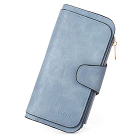 CLUCI Women Wallet Leather RFID Blocking Designer Trifold Card Holder Ladies Clutch with ID Window Vintage Blue