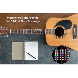 QMG Guitar Fretboard Stickers – Color Coded Note Decals for Beginners – Includes Sharp & Flat Notes – Covers 14 Frets – No Residue – Acoustic & Electric Guitar Accessories