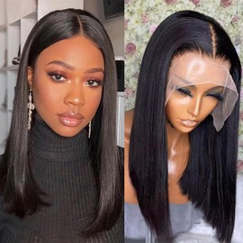 Superfect Bob Wig Human Hair 13x4 Lace Front Wigs for Black Women Human Hair Short Bob Wigs Hd Transparent Pre Plucked Straight Frontal Wig Human Hair Natural Black Color (16 Inch, Bob Wig Human Hair)