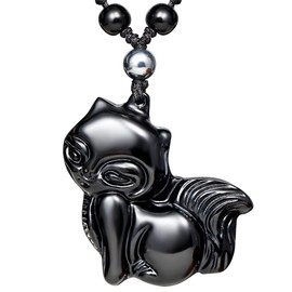 Jewever Black Obsidian Romantic Fox Necklace Natural Stone Healing Crystal Pendant Protection Amulet Gemstons Pendant Jewelery