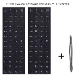 2PCS Universal English Keyboard Stickers with Tweezer, Keyboard Stickers Black Background with White Lettering, Keyboard Letters Replacement Sticker for PC Laptop Desktop Computer -English