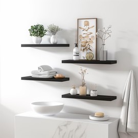 YYWUOJJ Wood Floating Shelves for Wall Decor, Rustic Wall Shelves for Bedroom Bathroom Kitchen Living Room, Set of 4 Black