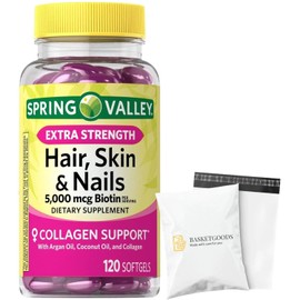 Spring Valley Extra Strength Hair, Skin, & Nails Collagen Support Softgels, 5000 mcg Biotin, 120 Count, Biotin for Hair Nail Skin Support, Vitamins for Women - Set by Basket Goods