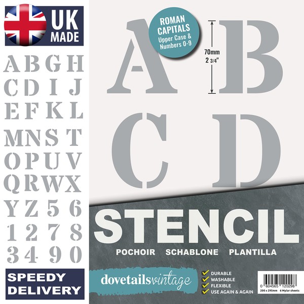 Letter Stencils 70mm Tall (2.75 inch) Large Roman Style Capitals Alphabet for Crafts Wedding Journal Wheelie Bins Homework DIY Reusable Large Stencil for Painting on Wood Writing Bunting Sign Making
