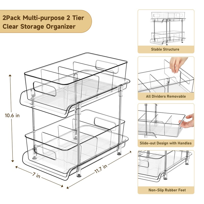 HIHEGD HIHEGD 2-Tier Bathroom Organizer with Dividers, Clear Under Sink