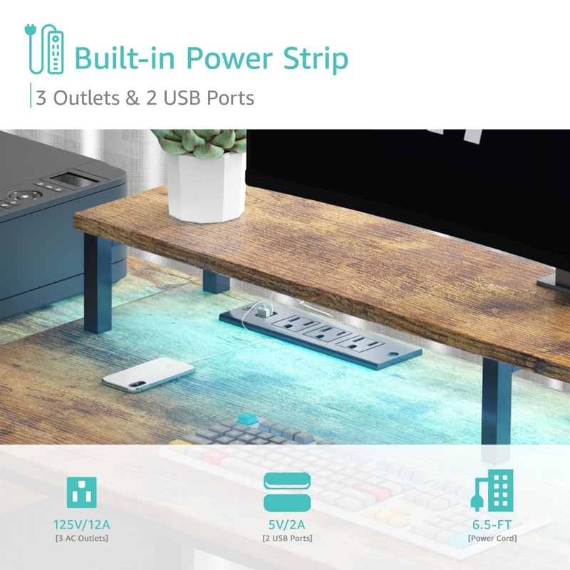 Lufeiya Gaming Desks with Led Lights and Power Outlets, 55