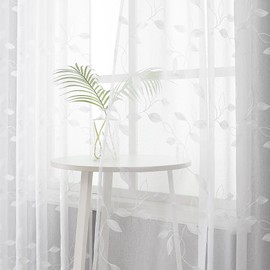 Tollpiz White Leaf Sheer Curtains Leaves Embroidered Living Room Short Curtain Rod Pocket Voile Window Treatments for Bedroom, 54 x 45 inches Long, Set of 2 Panels