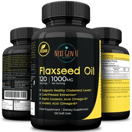 Next Gen U Flaxseed Oil w/Omega 3, 6, 9, Cold Pressed Food Supplement 1000 mg 120 Vegan Softgels