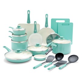 GreenLife Soft Grip Healthy Ceramic Nonstick 23 Piece Kitchen Cookware Pots and Frying Sauce Pans Set, PFAS-Free, Dishwasher Safe, Turquoise