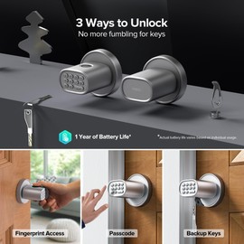 ThorBolt Keyless Entry Door Lock, Fingerprint Door Lock with Keypad Biometric Door Knob, Auto-Lock for Interior Doors Thickness up to 2-1/4", Bedroom, Home Office, Garage, 4xAA Alkaline, MD1 Silver
