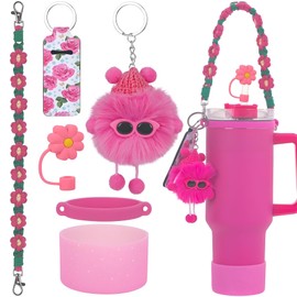 Hot Pink 6-Piece Tumbler Accessory Set | Universal Water Bottle Handle, 6mm & 10mm Silicone Tube Cap, Silicone Cup Boot for 30-40oz Tumblers, Keychain Lip Balm Holder, Plush Charm