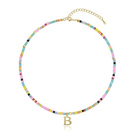 Yifnny Colorful Beaded Initial Necklaces, Letter Pendant Summer Beach Necklace Boho 18K Gold Plated Jewelry Gold Initial Rainbow Beaded Necklace Colorful Beaded Choker for Women (B)