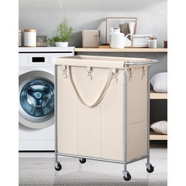 SOBECHOI Laundry Basket with Wheels, 3-Section Rolling Laundry Hamper, 52.8 Gallons (200L), Removable Liner and Steel Frame - Steel Frame with Handle - Cream White, 31.4 x 15.5 x 32.6 Inches