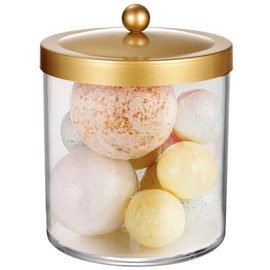 SheeChung Premium Quality Apothecary Jar - 50 Ounce Large Clear Plastic Container Canister with Rust Proof Stainless Steel Lid, Laundry/Kitchen/Bathroom Vanity Countertop Storage Organizer (Gold)