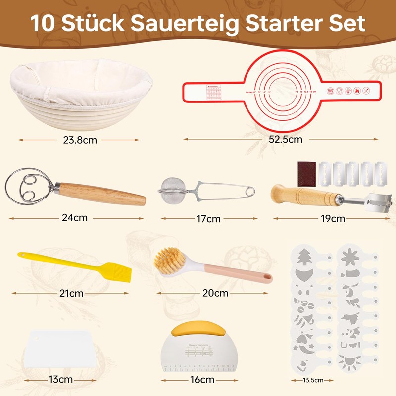Toyvile 10-Teilig Sauerteig Starter Set, 23 cm Gärkorb Rund, Gärkörbchen