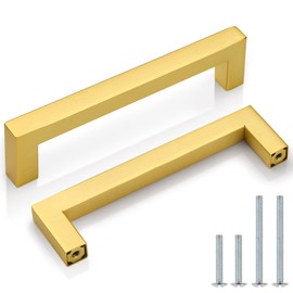 Probrico 5 Pack Gold Cabinet Pulls Square Kitchen Cabinet Hardware 5 Inch(128mm) Hole Center Modern Drawer Handles Brushed Brass Drawer Pulls for Cupboard