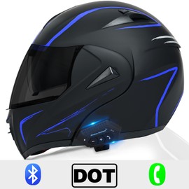 Motorcycle Bluetooth Modular Helmet, DOT Approved Dual Visor Full Face Flip Up Bluetooth Integrated Motorcycle Helmet for Adults Men and Women (Blue,Small)