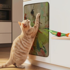 EVOMOTIVE SCRATCHABLE Sisal Cat Scratcher, [+ Catnip Fish Toy], Cat Wall Scratcher, Couch Protector from Cat Scratching, Scratching Mat- 24 X 15.8 with 12 Adhesive Velcro Stripes