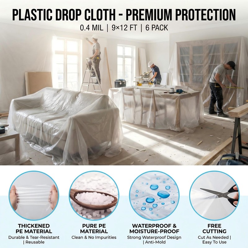 6 Pack 12 x 9 Ft Plastic Drop Cloth for