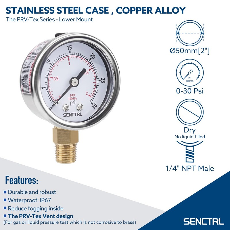 SENCTRL 0-30 Psi Low Pressure Gauge, 2" Dial Size, 1/4
