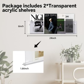 2 Pack Clear Acrylic Magazine Holder Brochure Holder, Floating Book Shelves for Wall, Hanging Bookshelf Literature Storage Rack for Waiting Room, Living Room, Office, Home Display(Transparently 24In)