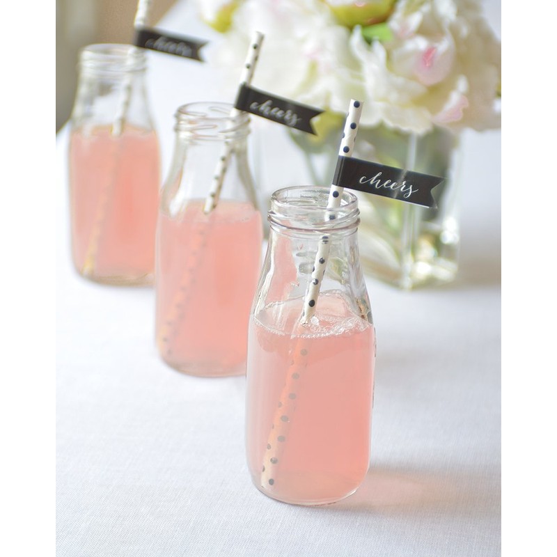 Black Dots Paper Straws with Cheers Flags - 24 Count