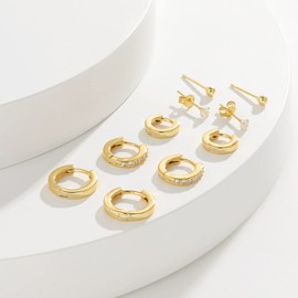 4 Pairs of Small Hoop Earrings for Women 925 Silver Post Huggie Hoop Earrings Set 18 Carat Gold/Silver Hoop Earrings for Girls Multiple Piercings Small Ball Stud Earrings, Cubic Zirconia, No gemstone