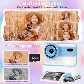 Instant Print Camera for Kids | 1080P HD 48MP Kids Camera with 2.4-inch IPS Screen | Instant Camara for Kids Boys Girls Age 3-12, Included 3 Roll Thermal Print Paper, 32GB SD Card (Blue)